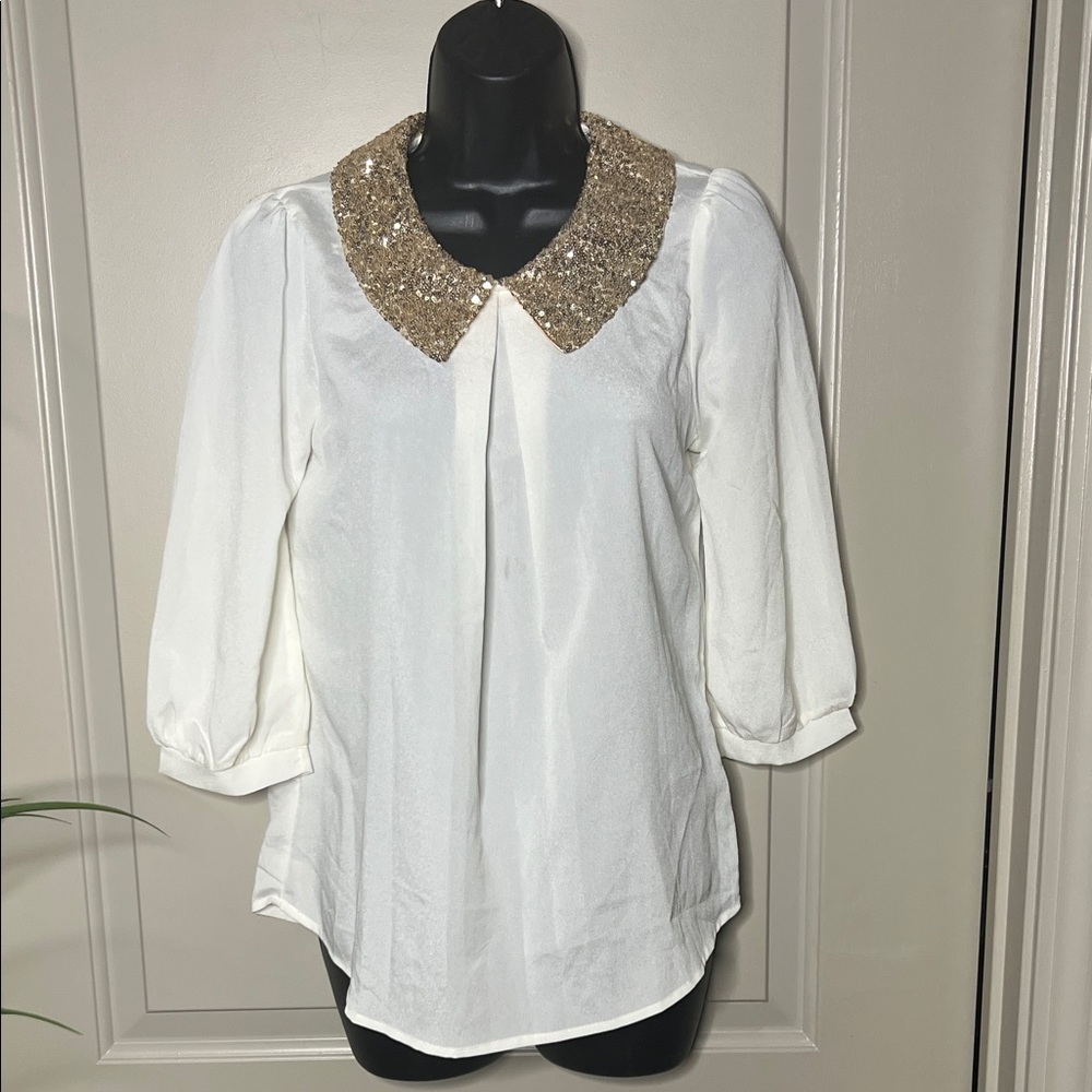 Chic White Blouse with Glittering Gold Collar
